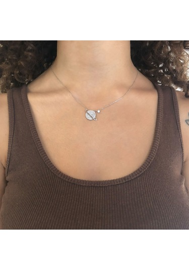 Ferizz Zirkon Taşlı Satürn Model Gümüş Kolye Gk-339