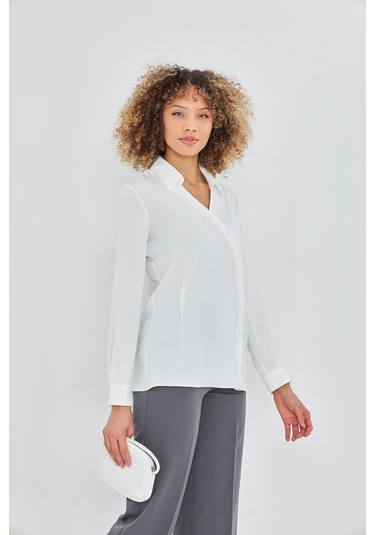 Asimetrik Pile Detay Gömlek Ekru Ekru