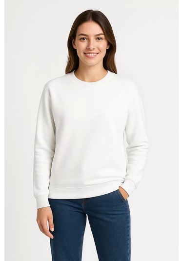 Kadın Üç İplik Düz Bisiklet Yaka Sweatshirt - Beyaz Beyaz