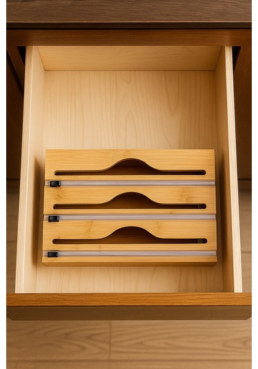 Bambu Streç Film Ve Folyo Kesici Pratik, Dayanıklı Ve Şık Mutfak Düzenleyici 33 21.5 8 Cm Bambu