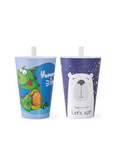 Kapris 2 Adet Desenli Plastik Pipetli Bardak Erkek Model 400 Ml
