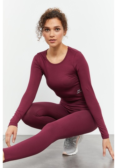 Tommy Life Bordo Uzun Kollu Dar Kalıp O Yaka Kadın Crop Top T-shirt - 97150 Bordo