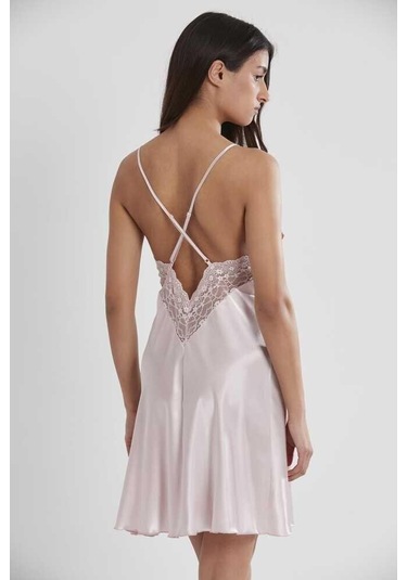 Pierre Cardin Pudra Saten Güpürlü Kaplı Gecelik 600 Pudra