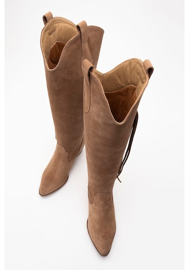 Rios Toprak Hakiki Deri Süet Püsküllü Kadın Kalın Topuklu Çizme Toprak