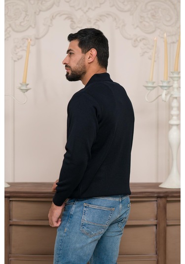 Woolen World Polo Yaka Düz Renk Yünlü Erkek Triko Kazak Lacivert