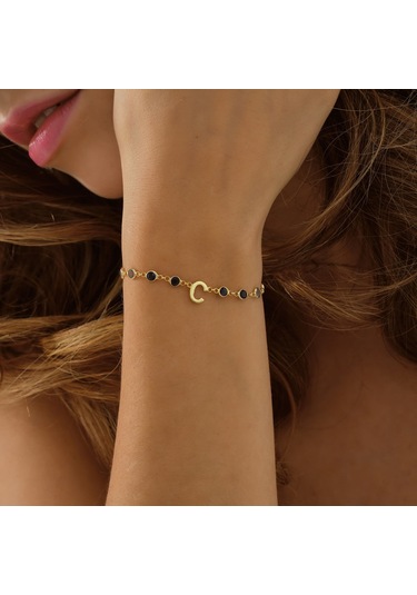 Queen Silver Jewelry  925 Ayar Gümüş Harf Bileklik Mavi Renk Geçişli Tamtur Altın