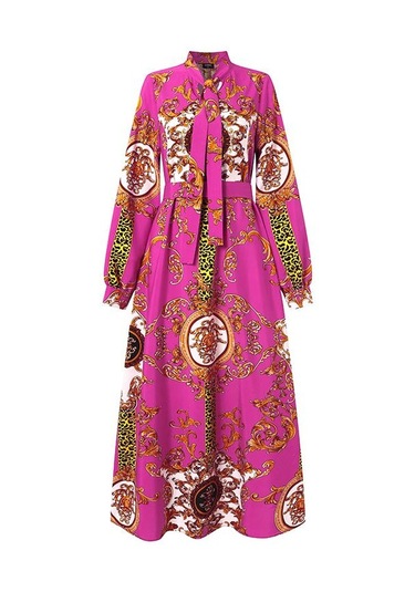 Gül Vonda Kadın Balıkçı Yaka Uzun Puf Kol Günlük Gevşek Uzun Elbise L Gül