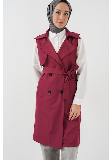 5911 Kruvaze Yaka Trençkot Yelek - Bordo Bordo