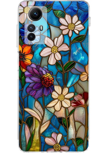 Printify Redmi Note 12s İle Uyumlu Vitray Mavi Bahar Tasarımlı Şeffaf Silikon Kılıf Şeffaf