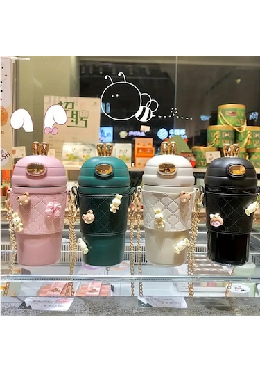 Oldfriend Yalıtımlı 480ml Paslanmaz Çelik Termal Bardak Taşınabilir Pipet Kayışı 4 Adet 3d Çıkartma Beyaz Beyaz Rastgele Verilen 4 Adet 3d Çıkartma