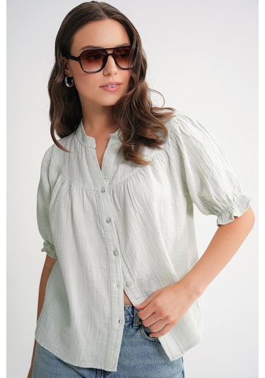 4725 Kadın Büzgü Robalı Kolu Fırfırlı Müslin Gömlek Adaçayı Adaçayı