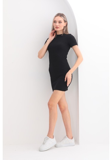 Kallima Siyah Kısa Kollu Mini Fitilli Esnek Kalem Elbise