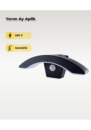 Siyah Sensörlü Led Yarım Ay Aplik 3200k Sarı Işık Siyah