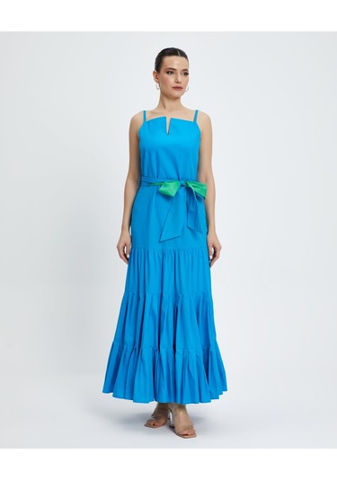 Kadın Askılı Uzun Elbise - Kemer Detaylı - Modern Ve Şık - Günlük Ve Özel Günler İçin Elbise Mavi