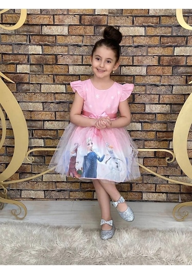 Neşeli Bebe Kız Çocuk Frozen Elsa Pembe Elbise