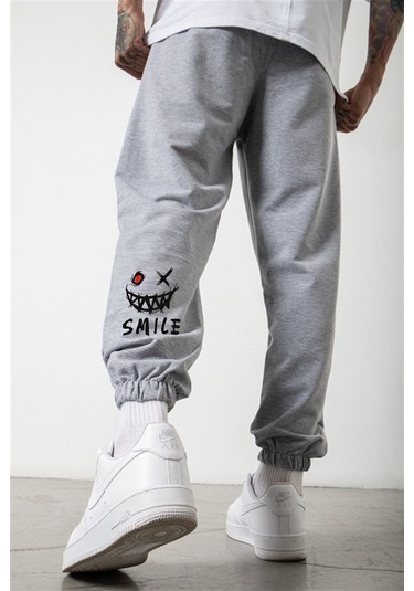 Smile Face Gri Jogger Eşofman Altı - Paça Baskı Detaylı Lastik Paça Baskılı Rahat Tarz Gri