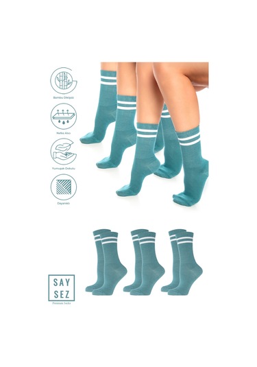 Bambu Unisex Tenis Kolej Çizgili Premium Su Yeşili Renk Dikişsiz Soket Çorap 3'lü Paket Açık Yeşil