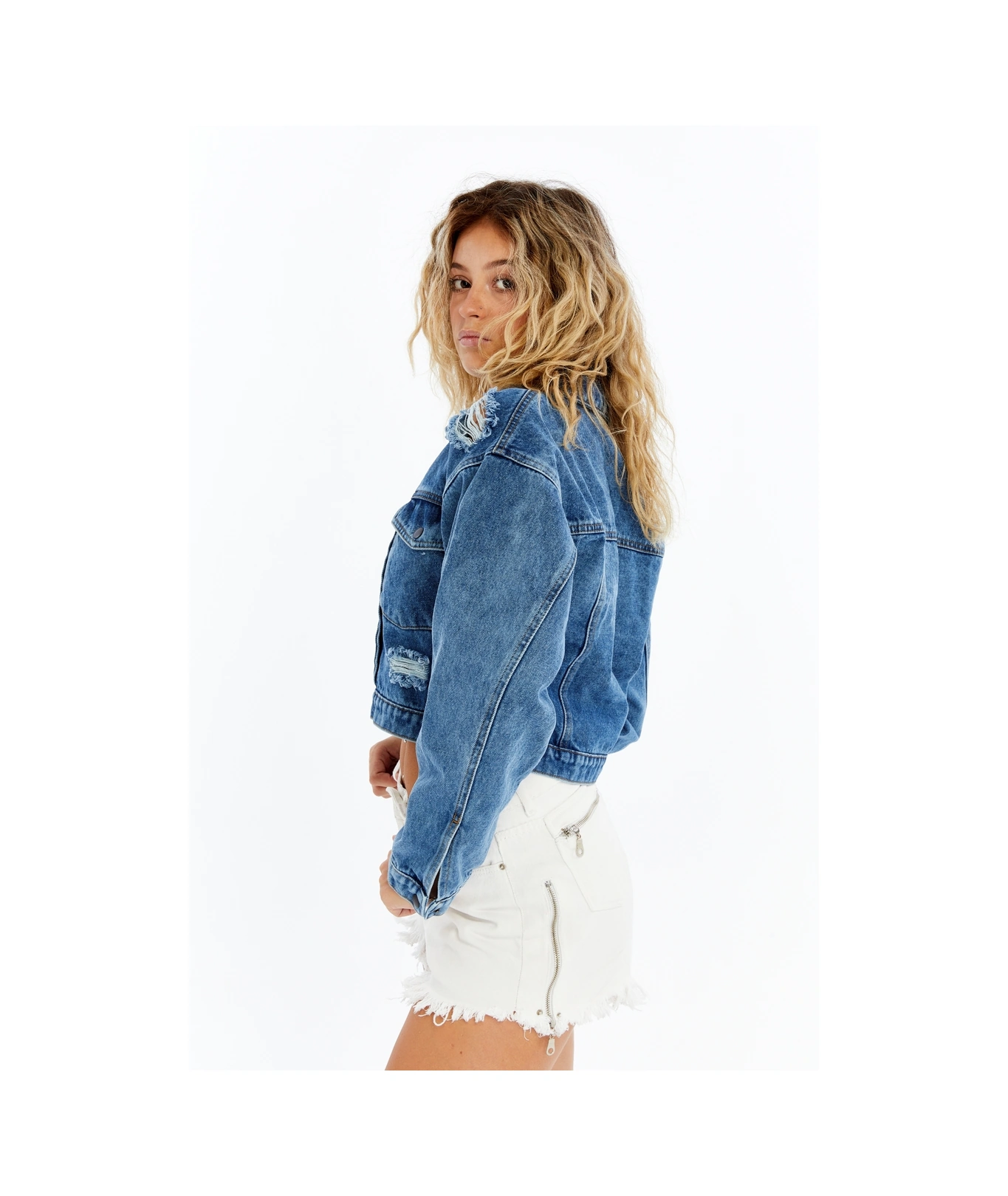 Kadın Oversize Bomber Kot Ceket Günlük Kullanım Özgün Crop Tasarım Orta Mavi