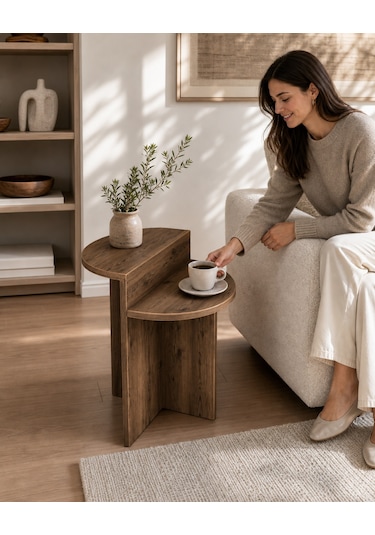 Luna Yan Sehpa Oval Hatlı Ahşap