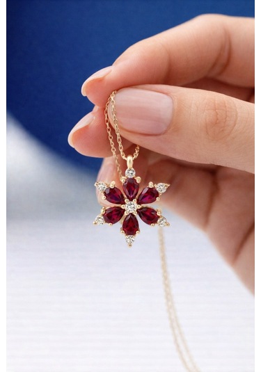 Çekirdekjewelry 925 Ayar Gümüş Kırmızı Taşlı Kamelya Çiçeği Kolye Sarı Kırmızı