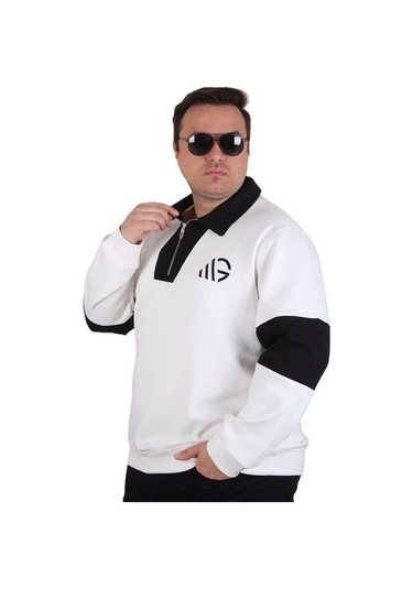 Starbattal Büyük Beden Polo Yaka Fermuarlı Sweat Double Face 25709 Bej Bej