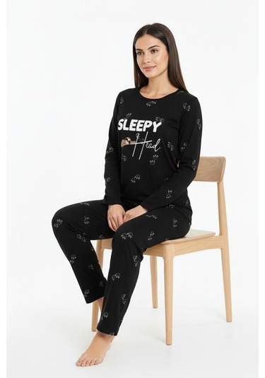 Sleepy Yazılı Elite Viscose Pijama Takımı Uzun Siyah 3552 Siyah
