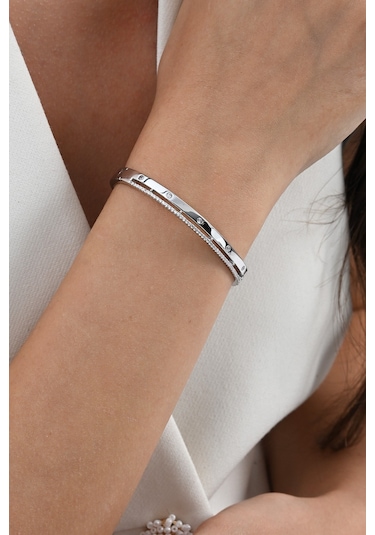 925 Ayar Gümüş Rodyumlu Zirkon Taşlı Özel Kilit Tasarım Bilezik Barcode Rose Gold - Gümüş