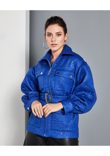 Kısa Kadın Mont - Cepli Ve Kemerli - Modern Ve Şık Tasarım - Günlük Ve Özel Gün İçin Mont Saks Saks Mavi