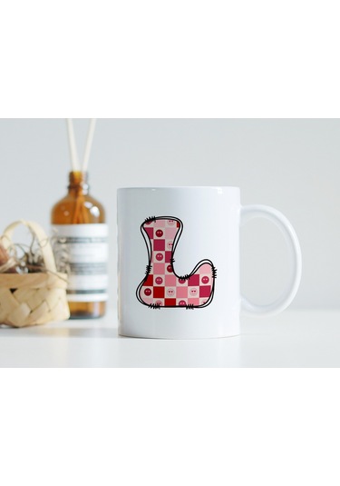 L Harfi Pembe Kareli Kalpli Göz Emojili Kupa Bardak Eğlenceli Kareli Tasarım Kahve Çay Kupası 07 Beyaz