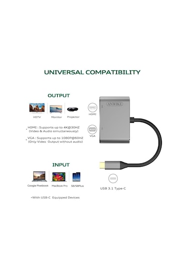 Usb 3.1 Type-C To 4K Hdmi + Vga Çevirici Adaptör Kablo Apple Uyumlu MacBook