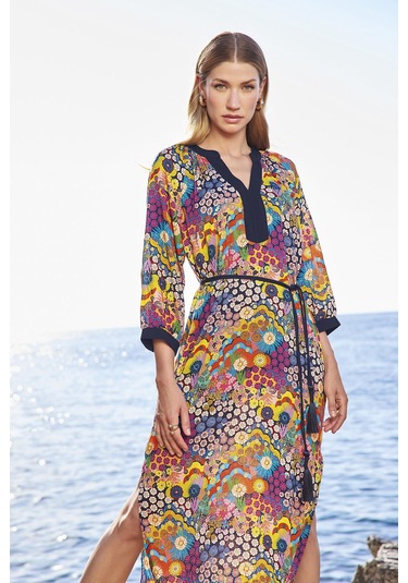 Monamise Kadın Çiçek Desenli Yırtmaçlı Truvakar Kollu V Yaka Elbise 25055 Lacivert