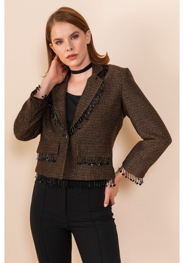 Serpil Exclusive Kadın Püskül Detaylı Kısa Blazer Ceket Kahve