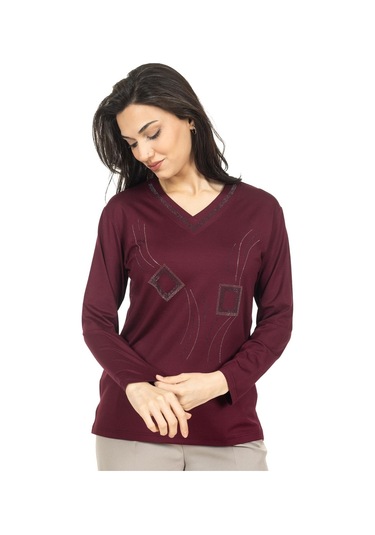 Kadın Orta Yaş Ve Üzeri Yeni Model V Yaka Taş İşlemeli Anne Penye Bluz 30560-vişne Çürüğü