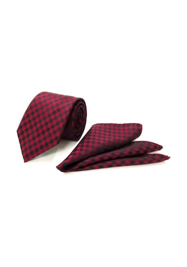 Venchy Bordo Siyah Kazayağı Desen Mendilli Kravat 4240 - 5Mk Bordo