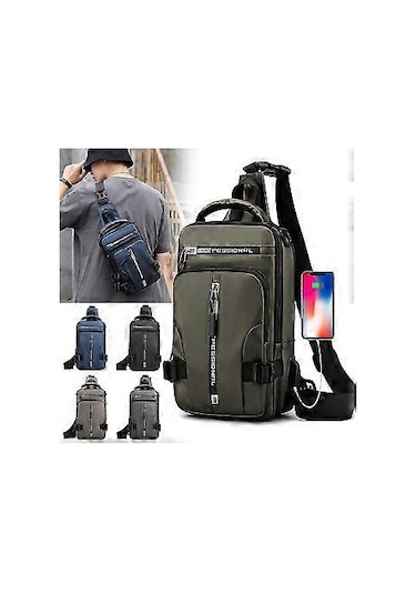 Erkek Omuz Çantası, Çapraz Askılı Çanta, Usb Portlu Hırsızlığa Karşı Göğüs Çantası Omuz Çantası Yeşil