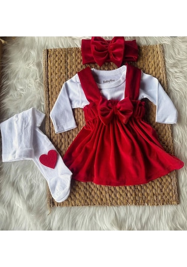 Kız Çocuk Bebek Kadife Kırmızı Pembe Doğum Günü Hediye Bandana Şık Elbise Kırmızı