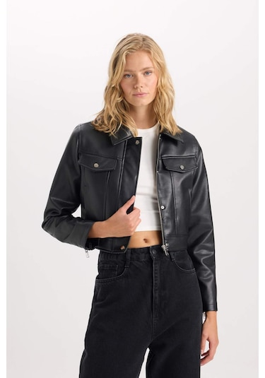 DeFacto Su İtici Suni Deri Mont Polo Yaka Cepli Fermuarlı Çıtçıtlı D5774AX25SPBK27 Siyah