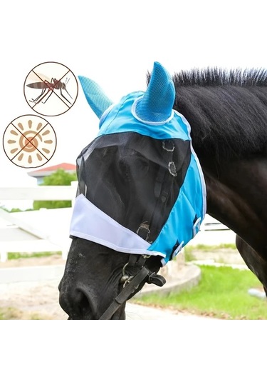 Elmpaly Havalı File Sinek Maskesi, Kulaklıklı, Mavi L, Büyük At İçin Çıkarılabilir Rahip Maskesi.