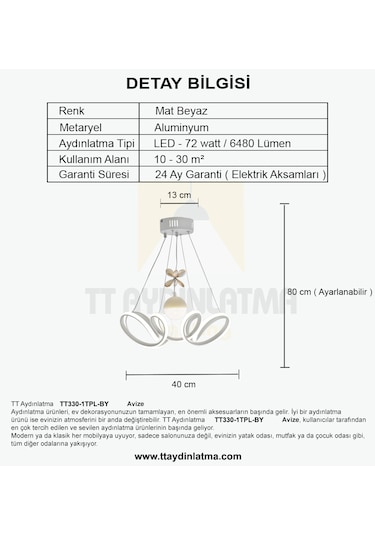 Tt330-1tpl-by Tt Ayd Zambak Mat Beyaz Tek Toplu 3 Renk Led Avize Beyaz