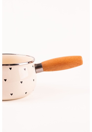 Black Cupid Ahşap Saplı Kalp Desenli Emaye Sos Tavası 1,3 Litre Bej