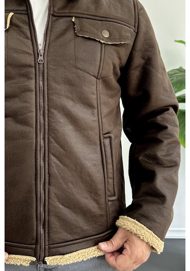 Erkek İçi Kürklü Suni Pul Deri Mont Kahverengi Edw120-kahverengi Kahverengi