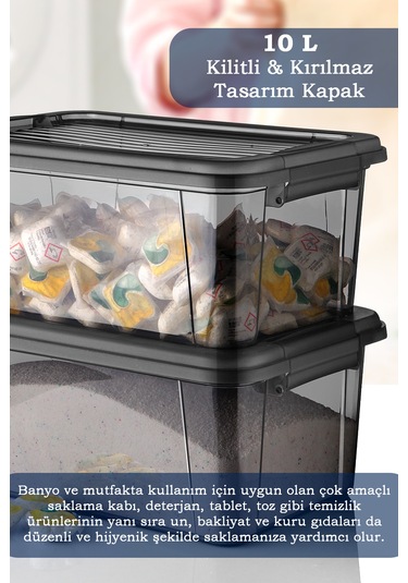 2'li Mega 10l Un Bakliyat Erzak Kabı - Kilitli Kapaklı Banyo Düzenleyici Deterjanlık Saklama Kutusu Siyah
