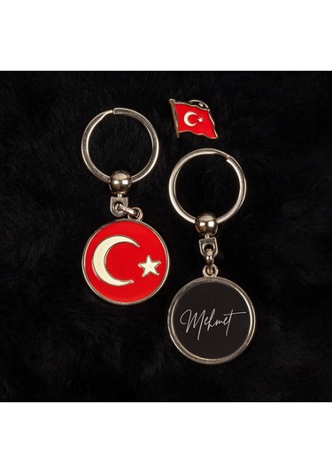 İsim El Yazısı Tasarımlı Türk Bayraklı Anahtarlık Ve Rozet