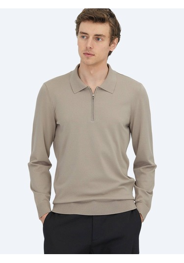 Açık Vizon Polo Yaka Düz Örgü Triko Kazak Vizon