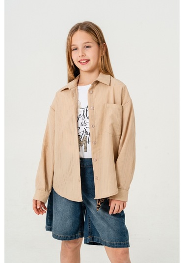 Kız Çocuk Tek Cepli Gömlek T-shirt İkili Takım 1802 Bej