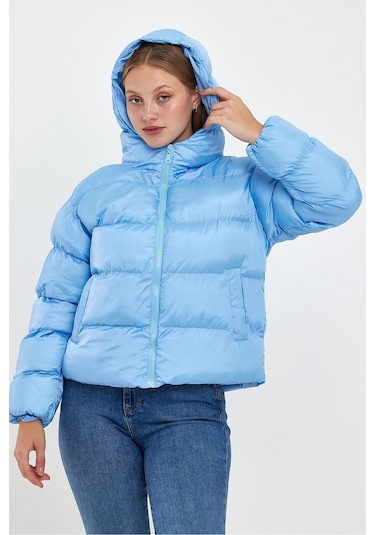 Alisse Kadın Mavi Kapüşonlu Şişme Mont Kaban Mavi