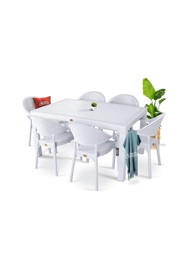 Bambu Beyaz 90x150 Cm Camsız Rattan Bahçe Balkon Masa Takımı Beyaz