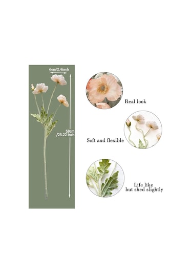 Yapay Çiçek Gelincik Çiçeği Yavruağzı Renk 3 Çiçek 1 Tomurcuk 59cm