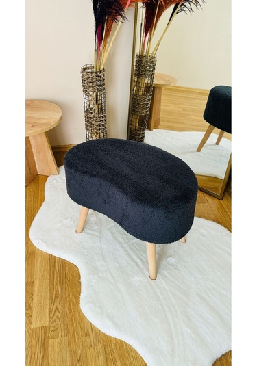 Fasulye Model Ahşap Ayaklı Teddy Kumaş Dekoratif Puf Bench Füme