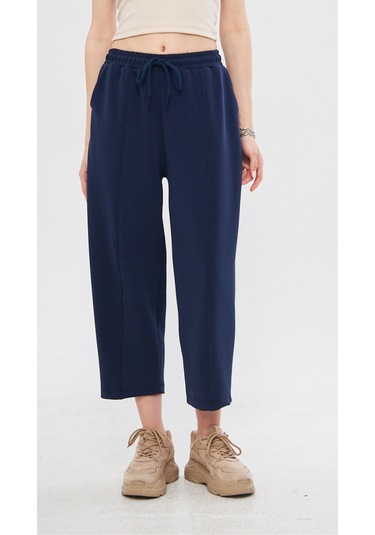 Haki Ultra Yumuşak, Dikiş Detaylı Havuç Kesim Bağcıklı Lastikli Bilek Boy Kadın Modal Pantolon Lacivert